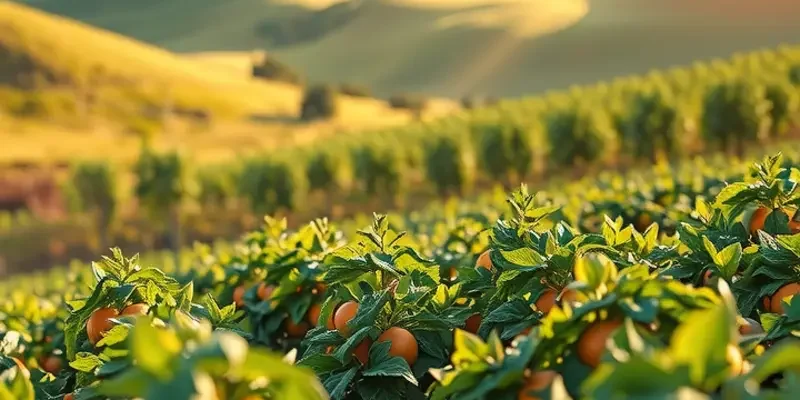 A lush, sunlit mountain landscape filled with vibrant fruits and vegetables growing naturally.