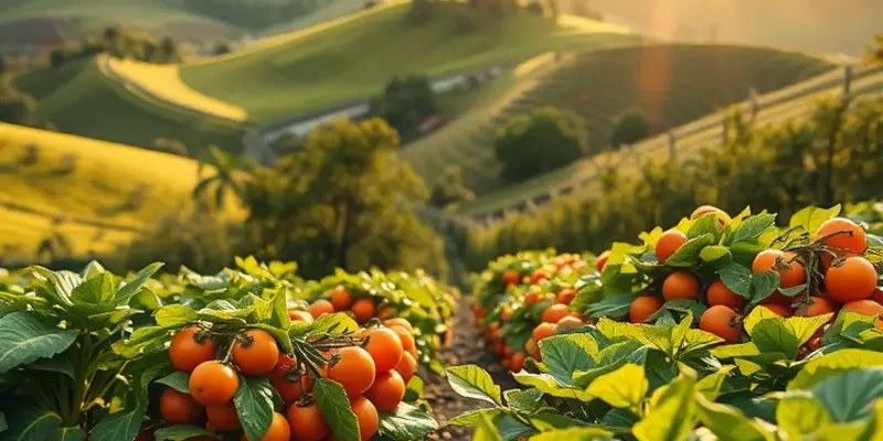 A lush field filled with a variety of organic vegetables and fruits, showcasing nature's bounty.