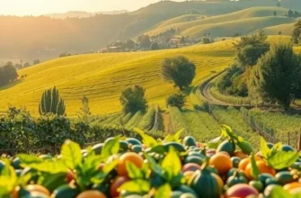 Scenic landscape showcasing thriving organic crops in a sunlit field.