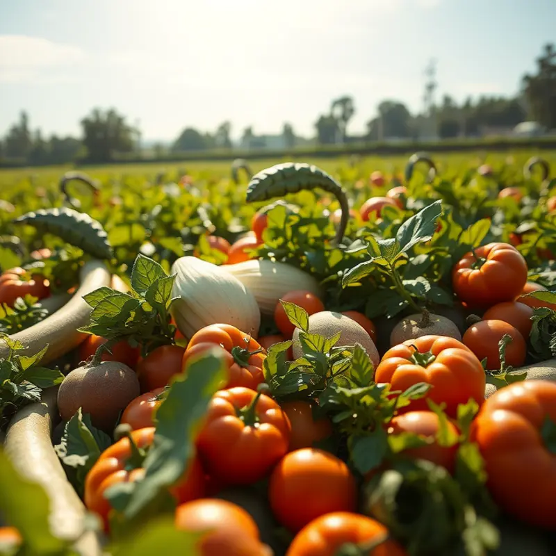 Fresh fruits and vegetables flourishing in a sunlit organic field.