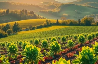 Scenic view of a sunlit field with vibrant vegetables and fruits, reflecting healthy nutrition.