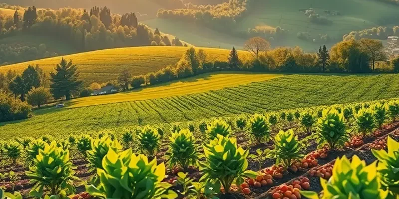 Scenic view of a sunlit field with vibrant vegetables and fruits, reflecting healthy nutrition.