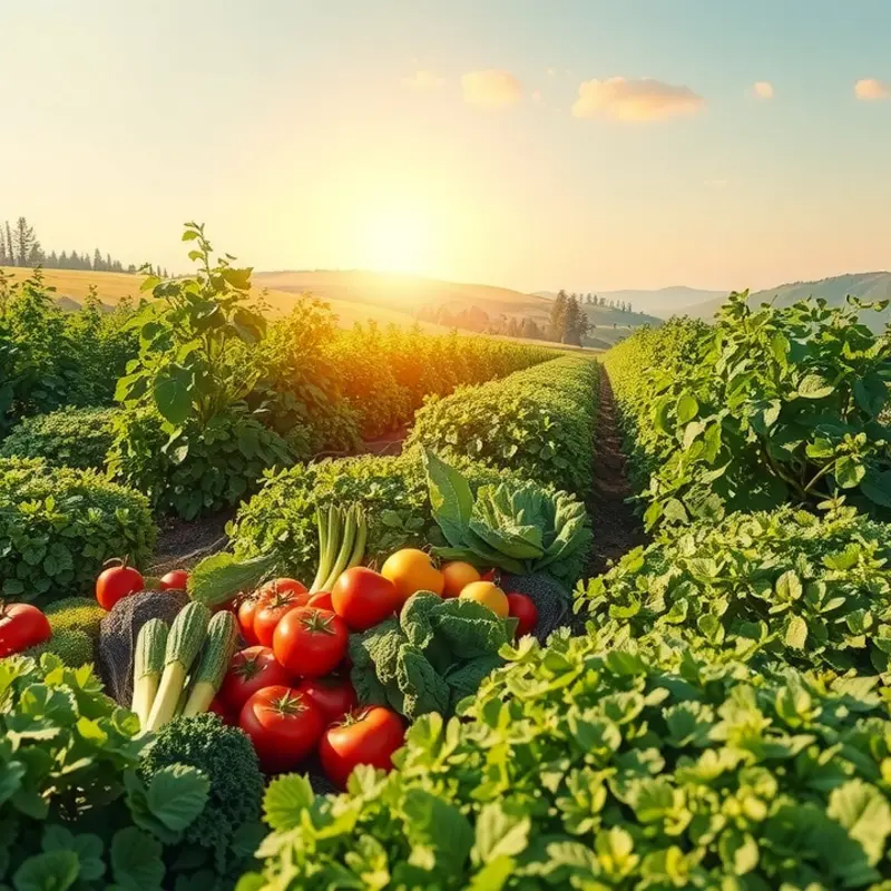 A sunlit orchard filled with vibrant fruits and vegetables, reflecting the abundance of natural produce.
