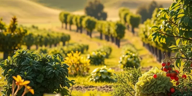A vibrant sunlit scene filled with lush greenery showcasing organic produce.