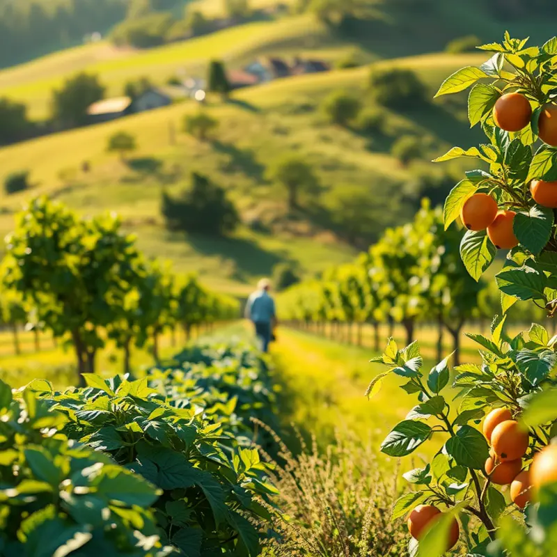 A sunlit field filled with fresh vegetables and fruits symbolizing healthy eating.