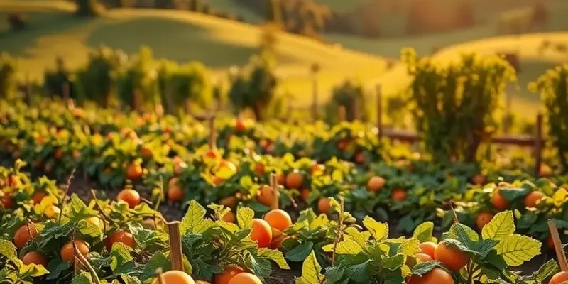 A serene landscape of organic produce amid lush greenery, representing healthy nutrition.