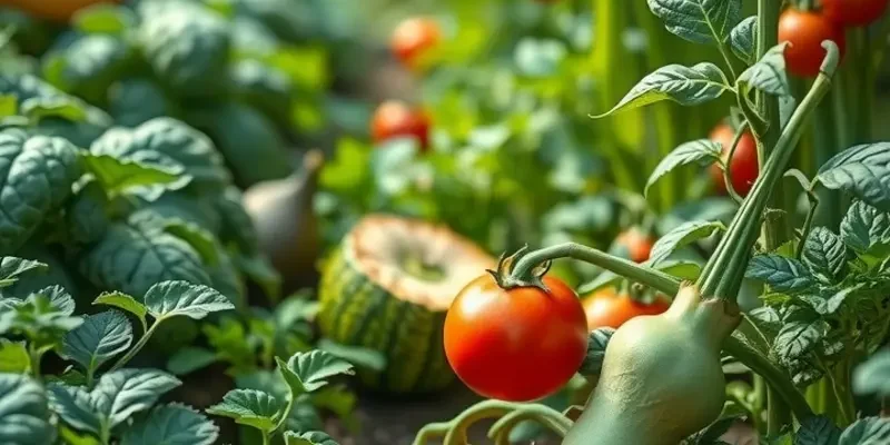 Vibrant fruits and vegetables growing in a sunlit, organic environment.