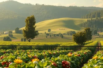 A scenic landscape depicting lush organic fruits and vegetables in a natural environment.