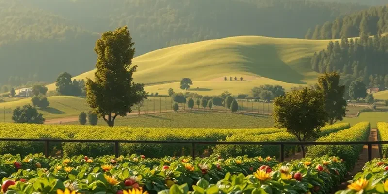 A scenic landscape depicting lush organic fruits and vegetables in a natural environment.