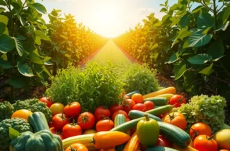 A picturesque scene of lush greenery and vibrant vegetables and fruits growing, highlighting the essence of healthy eating.