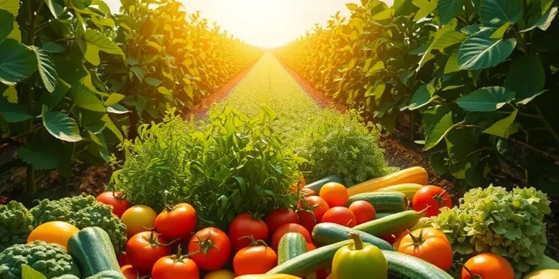 A picturesque scene of lush greenery and vibrant vegetables and fruits growing, highlighting the essence of healthy eating.