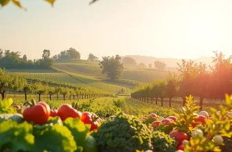 A photorealistic landscape depicting the abundance of fresh fruits and vegetables.