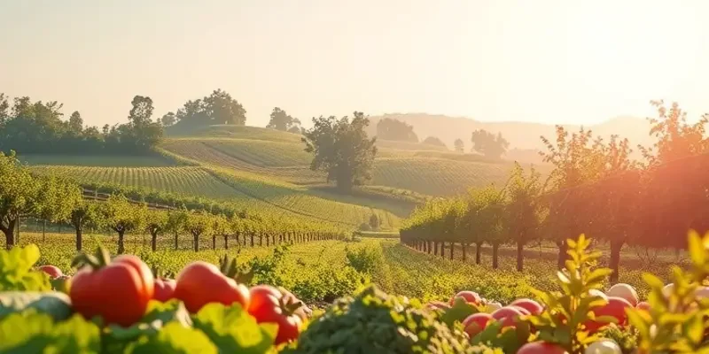 A photorealistic landscape depicting the abundance of fresh fruits and vegetables.