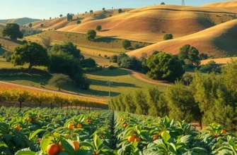 A picturesque sunlit orchard filled with plentiful organic fruits and vegetables.