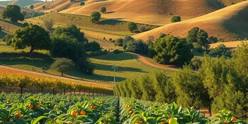 A picturesque sunlit orchard filled with plentiful organic fruits and vegetables.