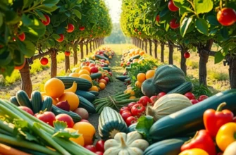 A lush green field with vibrant organic produce growing under warm sunlight, emphasizing healthy nutrition.