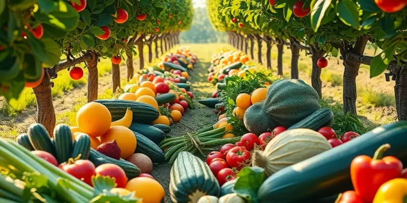 A lush green field with vibrant organic produce growing under warm sunlight, emphasizing healthy nutrition.