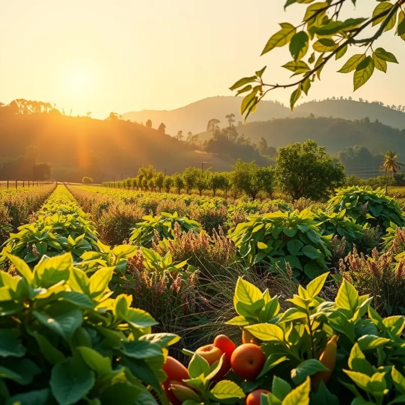 A beautiful sunlit orchard showcasing vibrant fruits and vegetables.