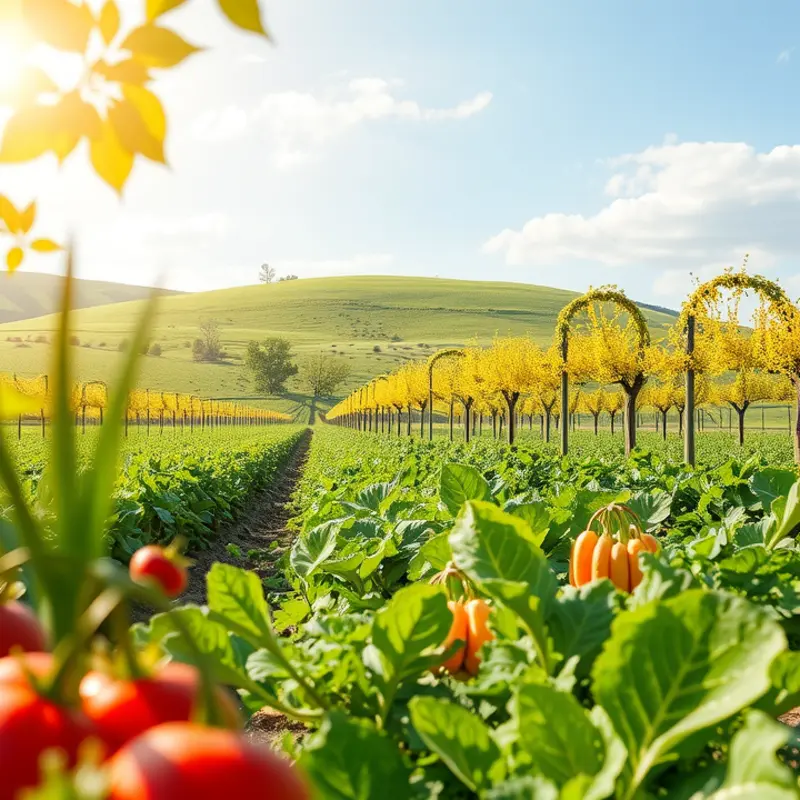 A vibrant sunlit orchard teeming with organic fruits and vegetables.