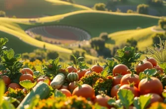 A picturesque orchard filled with colorful fruits and vegetables under warm sunlight.