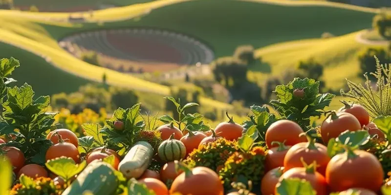 A picturesque orchard filled with colorful fruits and vegetables under warm sunlight.