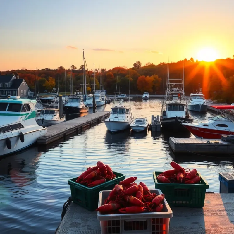 New England harbor filled with fishing boats and fresh seafood.