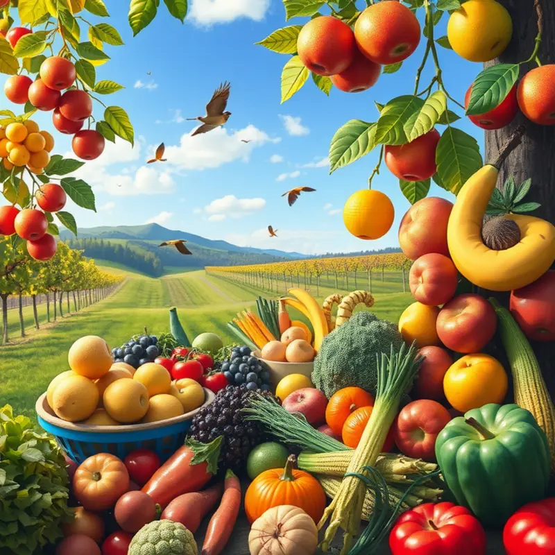 A sunny field brimming with healthy fruits and vegetables as a symbol of nutritious eating.