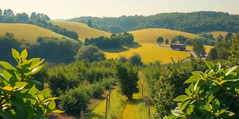 A beautiful landscape with organic produce growing abundantly in a sunlit environment, representing nourishment and care.