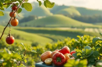 A vibrant, sunlit field showcasing various fresh fruits and vegetables growing amidst greenery.