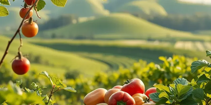 A vibrant, sunlit field showcasing various fresh fruits and vegetables growing amidst greenery.