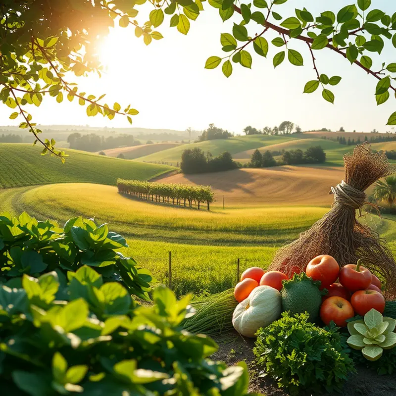 A serene landscape showcasing the abundant colors of fresh fruits and vegetables in nature.