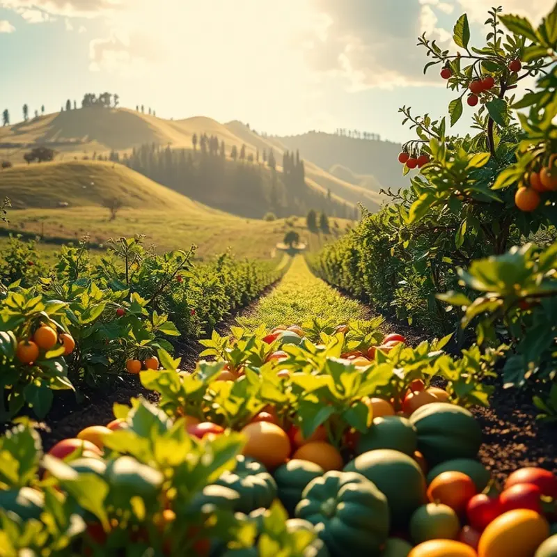 A vibrant sunlit field filled with organic fruits and vegetables.