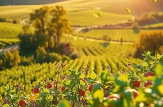 A beautiful sunlit field with rich vegetables and fruits, symbolizing healthy living and nutrition.