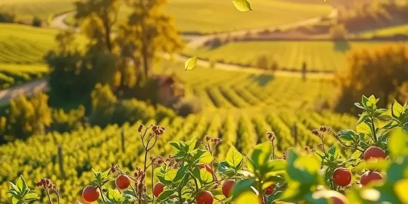 A beautiful sunlit field with rich vegetables and fruits, symbolizing healthy living and nutrition.