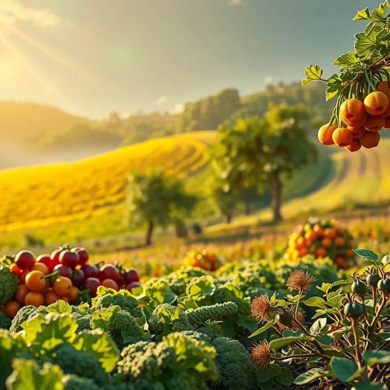 A scenic view of vibrant vegetables and fruits growing in a sunlit organic field.