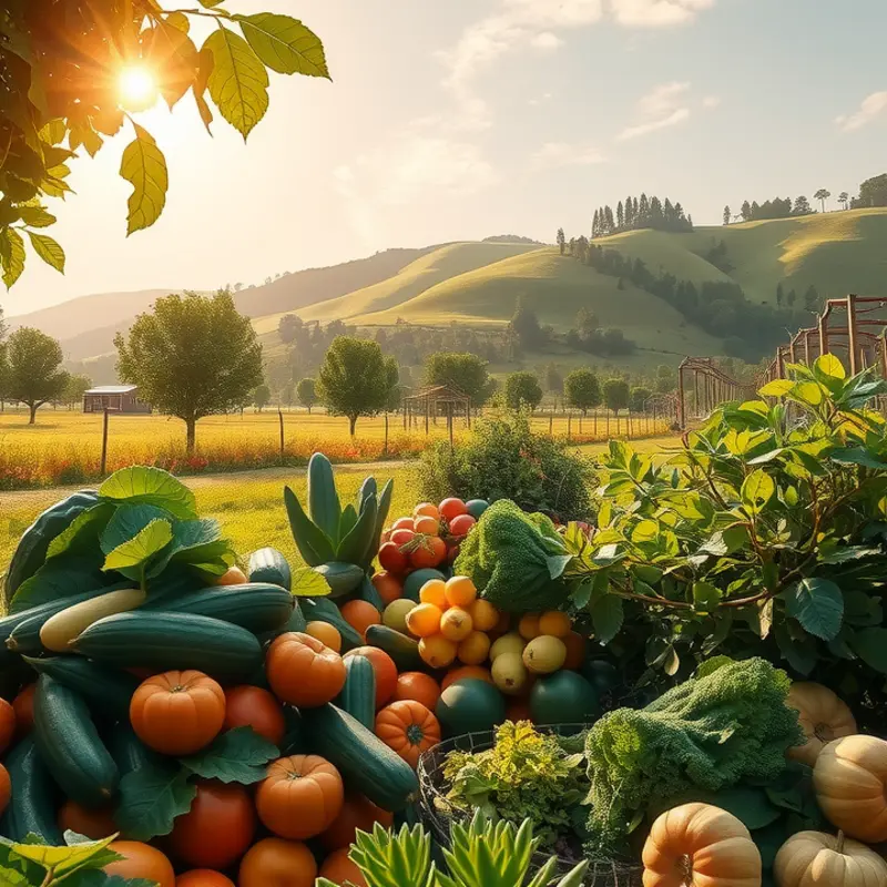 A vibrant sunlit field showcasing the abundance of organic produce.