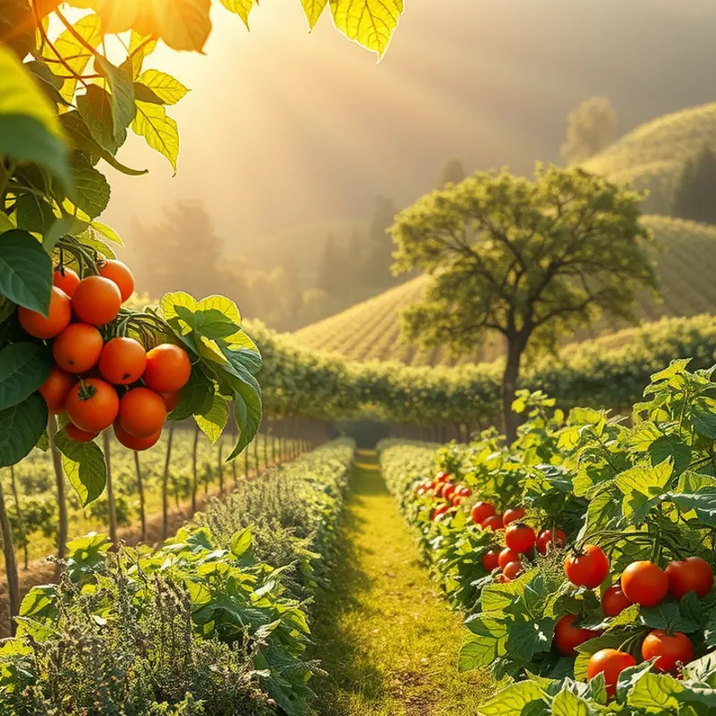 A sunlit orchard showcasing organic fruits and vegetables, symbolizing freshness and nutrition.