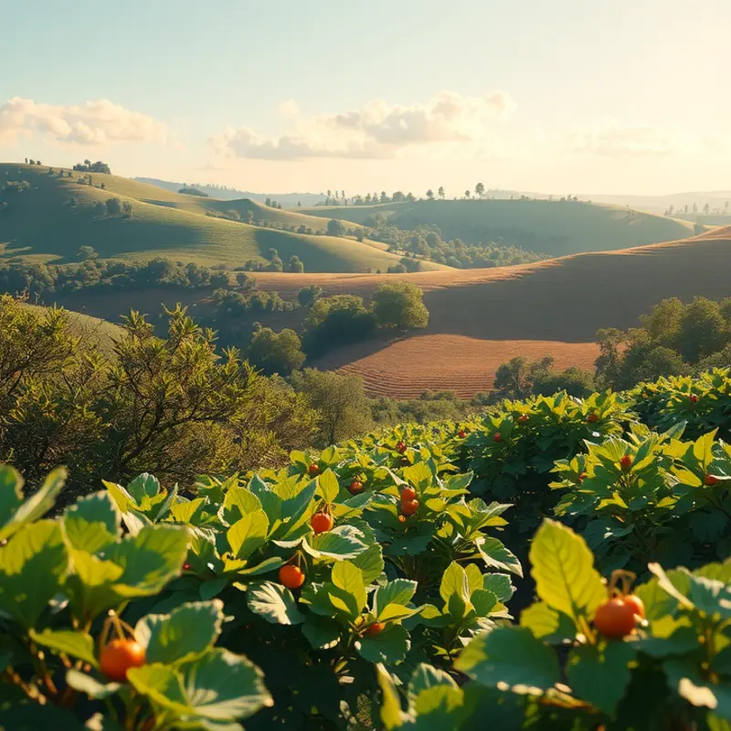 A sunlit orchard filled with vibrant fruits, symbolizing the natural abundance of acerola cherries.