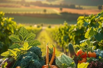 Scenic view of a sunlit field with lush vegetables and fruits growing naturally.