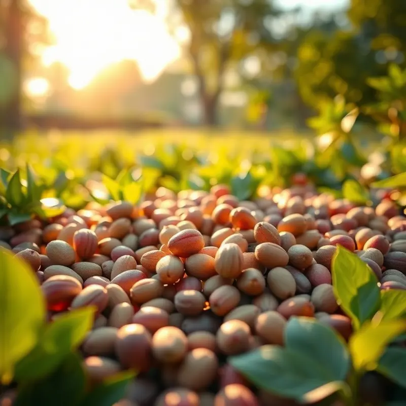 A sunlit scene filled with various nuts and seeds in a lush environment, representing natural protein sources.