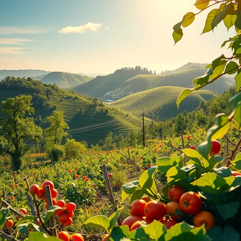 A sunlit field showcasing organic vegetables and fruits symbolizing fresh ingredients for sauces.