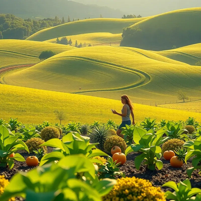 A sunlit field showcasing fresh vegetables and fruits amidst lush greenery.