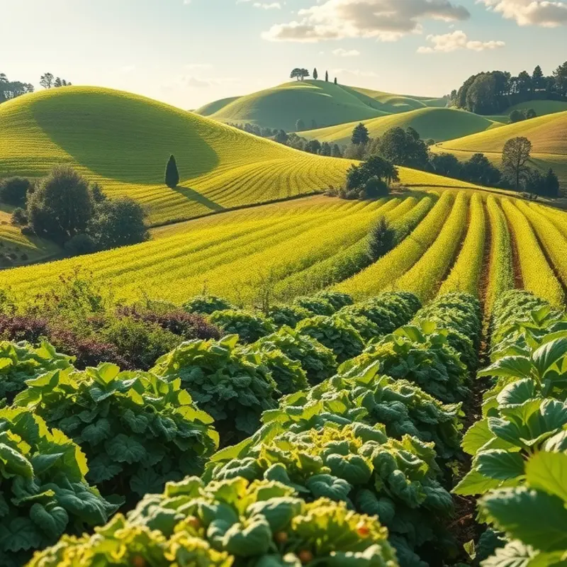A sunlit field with vibrant vegetables and fruits, symbolizing the freshness of home-cooked meals.