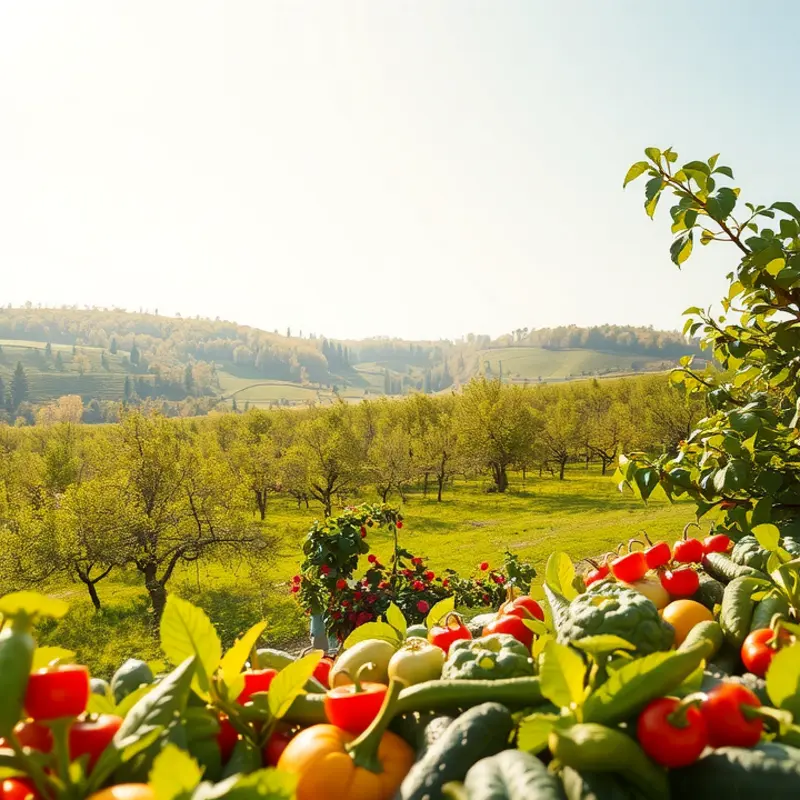 A sunlit field showcasing vibrant vegetables and fruits in a natural setting.