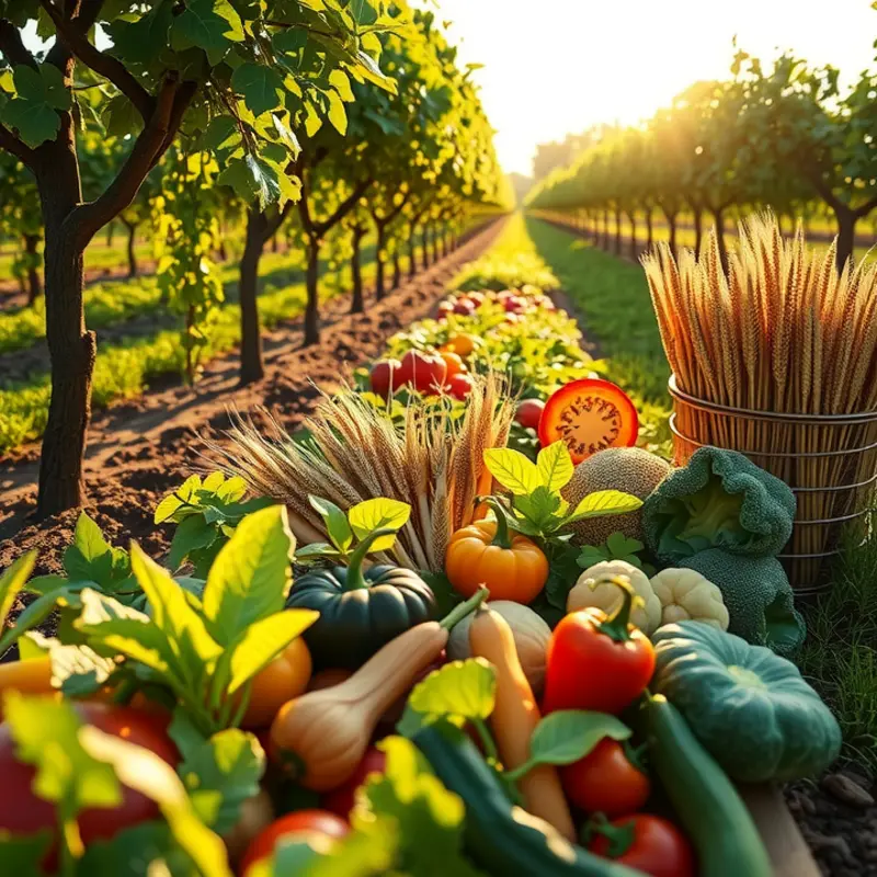 A serene landscape showcasing the beauty of organic grains and vegetables in nature.