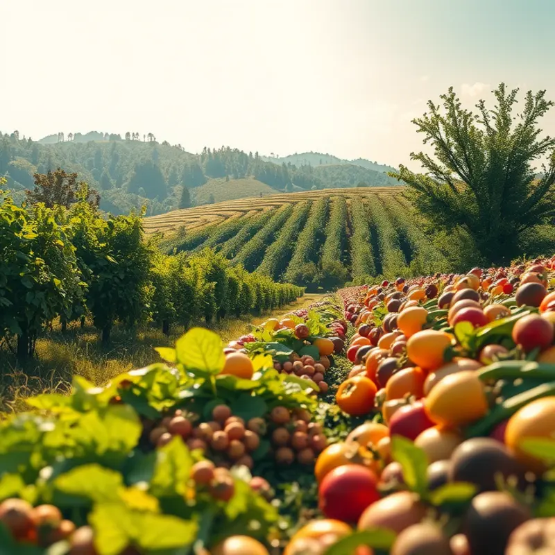 A vibrant sunlit field showcasing organic vegetables and fruits.