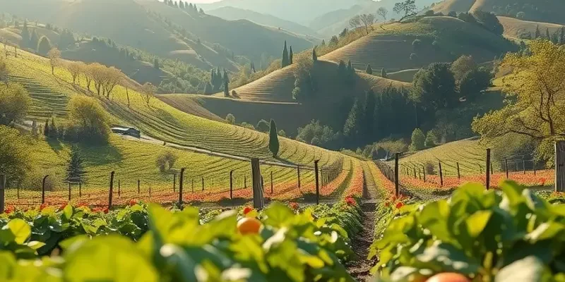 Scenic view of a sunlit field filled with colorful fruits and vegetables, highlighting natural growth.