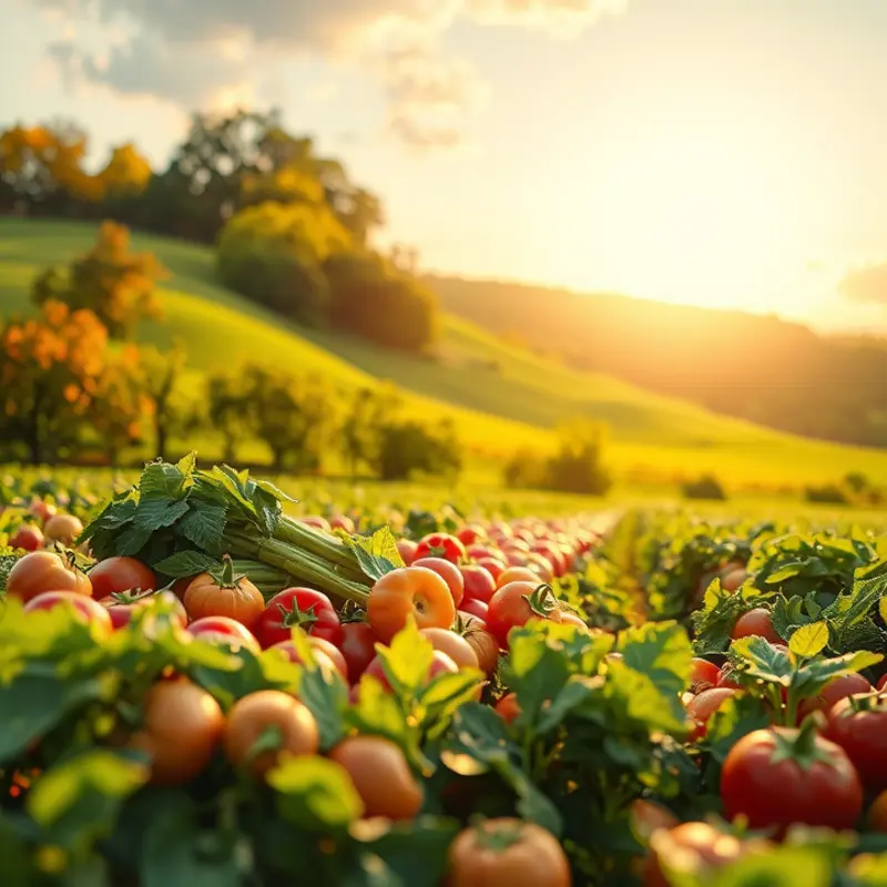 A serene sunlit field abundant with vibrant fruits and vegetables, representing freshness and health.