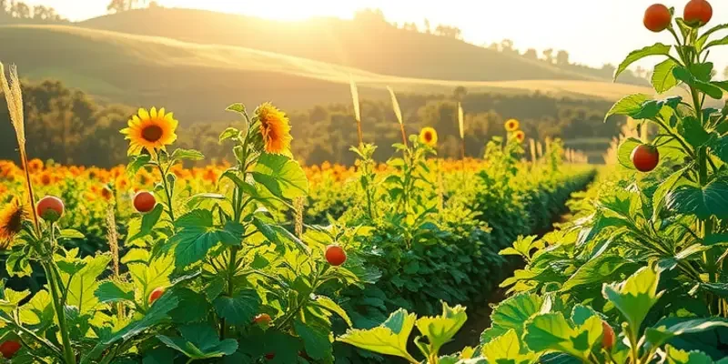 A scenic landscape depicting an area rich in organic fruits and vegetables, highlighting a focus on nutritious food.