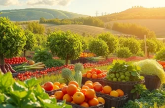 Lush organic farming field with vibrant vegetables and fruits in a sunlit setting.